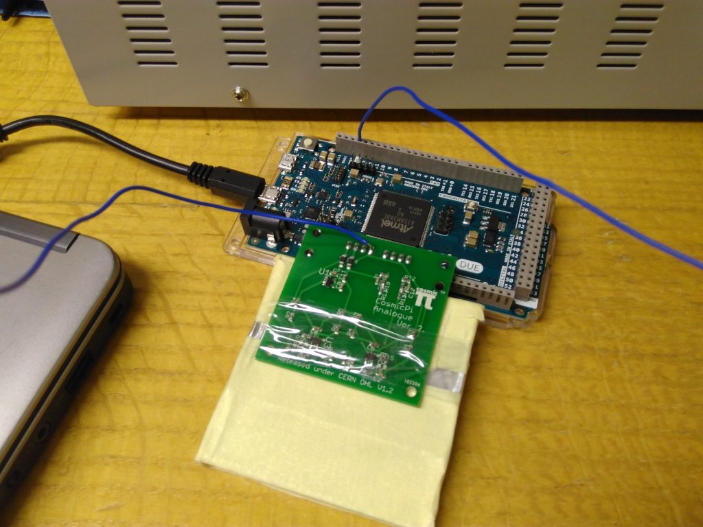 A wrapped scintillator coupled to an Arduino Due with an external 32 V power supply